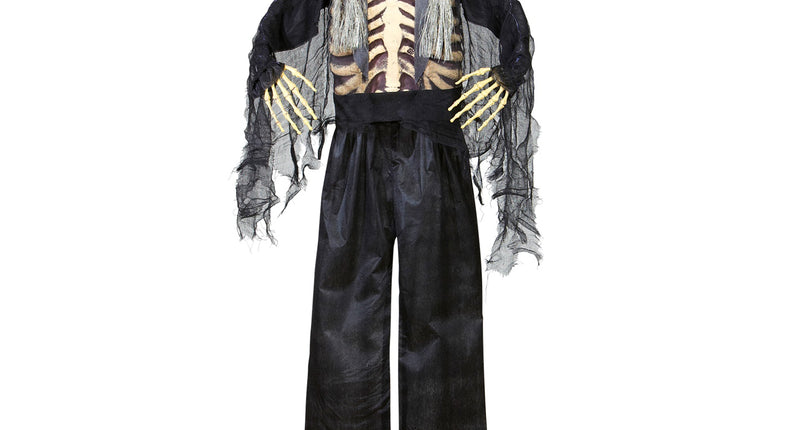 Deco bruidegom skelet scary van 153 cm in zwart kostuum met hoge hoed en rode vlinderdas