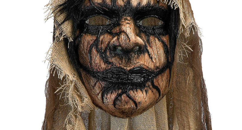 Demonenmasker met cape voor heren, bruin gezicht met zwarte scheuren en jutekleurige kap