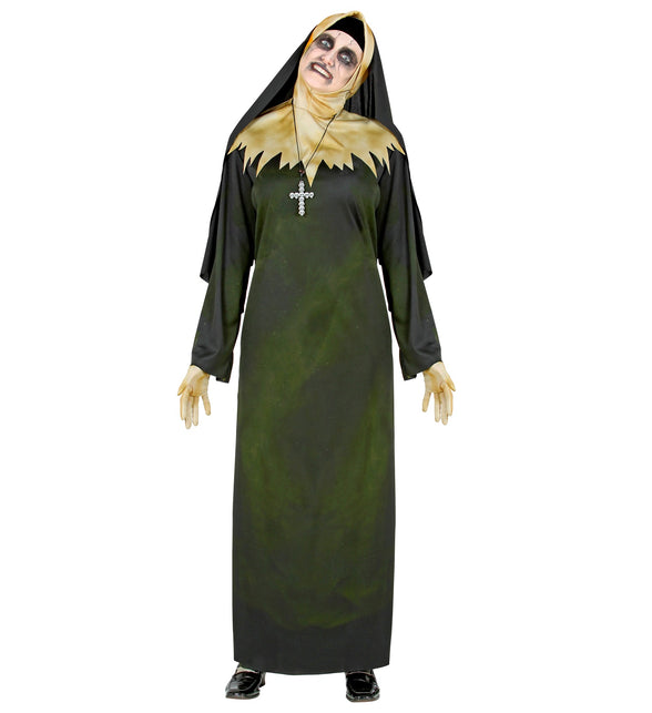 Demonisch nonnenpak dames in zwart met groene vlekken, sluier en schedelkruis voor Halloween