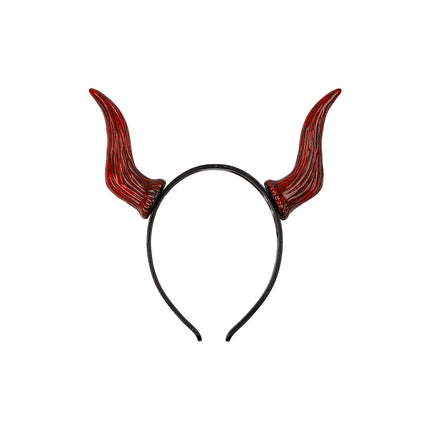 Detail van de duivelhoorn diadeem Ferluci met geribbelde hoorns in dieprood en zwart