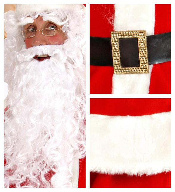 Detail van kerstman pruik, baard met snor en witte wenkbrauwen plus de gouden rechthoekige gespen