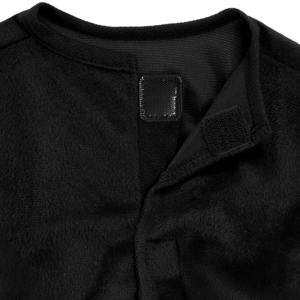 Detail nekopening vleermuis kostuum kind met zwarte klittenbandsluiting