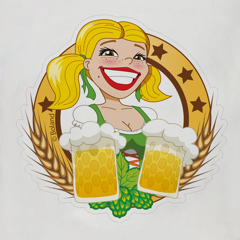 Detail van de opdruk op de bierpul: blonde bierdame in groen dirndl met graan en hop