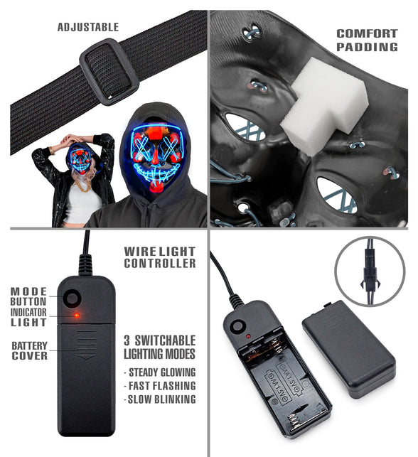 Detail Scary masker blauw led: verstelbare elastieken band, schuimvulling en batterijhouder met 3 standen