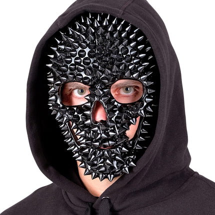 Detail van het schedelmasker met nagels, rijen punten rond de oogopeningen