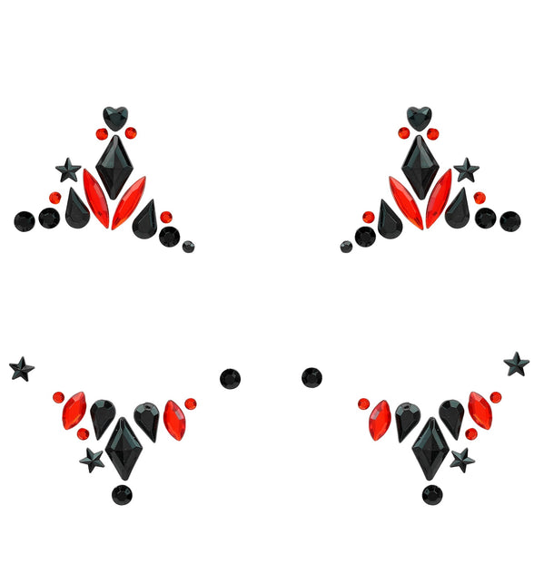 Detail van de steentjes: hartjes, sterren, druppels en spitse rode ovalen in zwart en rood