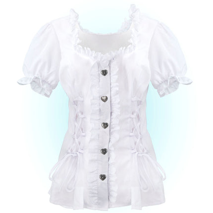Detail Tiroolse blouse Lena: witte ruches, vijf hartvormige knopen en veterstrikken