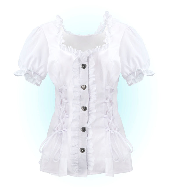 Detail Tiroolse blouse Lena: witte ruches, vijf hartvormige knopen en veterstrikken