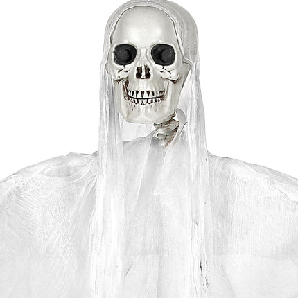 Detail van de witte schedel met zwarte oogholtes en tandenrij van de grimreaper decoratie