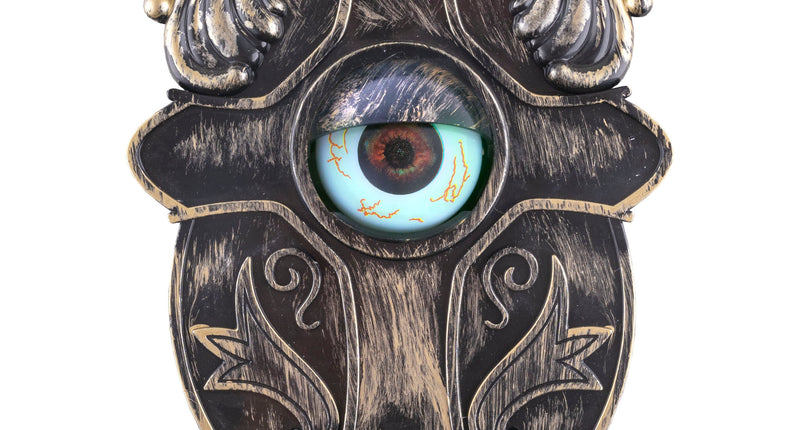 Deurbel met bewegend oog in brons-zwarte look, met lichtblauwe oogbol en drukknop, halloweendecoratie