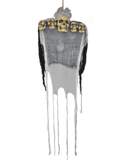 Deurdeco schedels 150 cm met vijf schedels boven grijs gaas en witte flarden voor Halloween