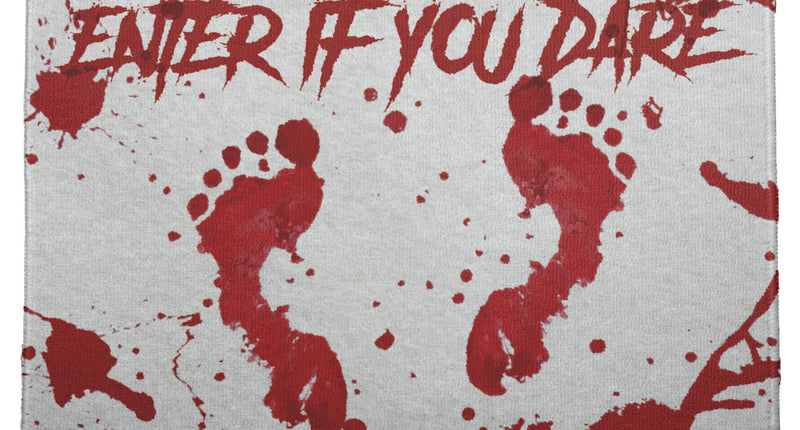 Deurmat Enter if you dare in wit met rode bloedspatten en voetsporen, 60 x 40 cm, voor Halloween