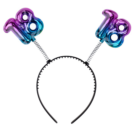 Diadeem 18 jaar regenboog met twee metallic cijfers 18 op spiraaltjes op een zwarte haarband