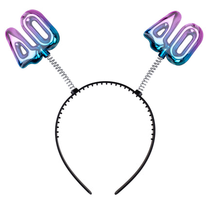 Diadeem 40 jaar regenboog met twee ballonvormige cijfers in metallic paars en blauw op spiraaltjes