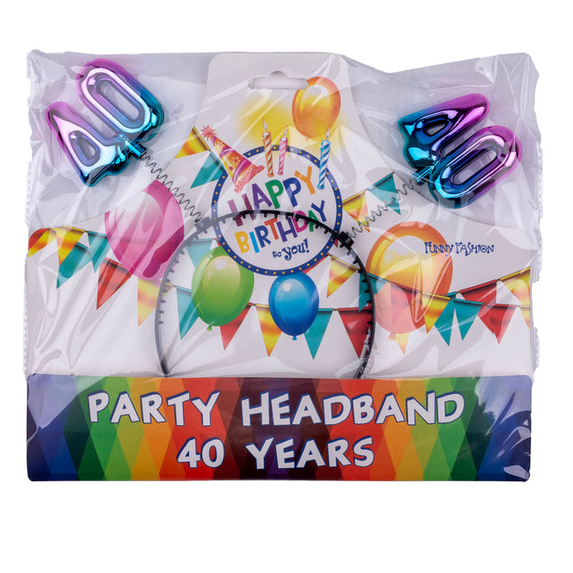 Diadeem 40 jaar regenboog in verpakking met verjaardagsprint, feestartikel voor een 40e verjaardag