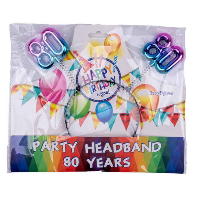 Diadeem 80 jaar regenboog in de verpakking van Funny Fashion voor een 80e verjaardag