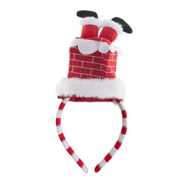Diadeem kerstman in schoorsteen met rode bakstenenprint, witte pluche rand en zwarte laarsjes voor Kerst