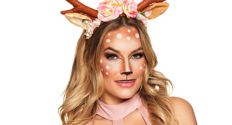 Diadeem rendier gewei Lovely met bruin gewei, beige oortjes en roze rozen, gedragen tijdens Kerst