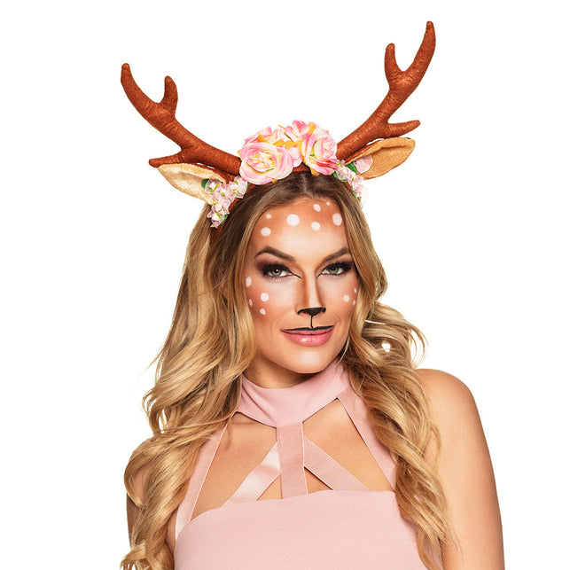 Diadeem rendier gewei Lovely met bruin gewei, beige oortjes en roze rozen, gedragen tijdens Kerst