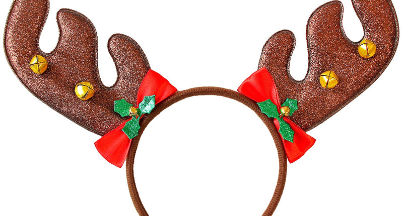 Diadeem rendierhoorntjes Fred met bruine glittertakken, gouden belletjes en rode strikjes voor Kerst