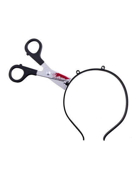 Diadeem schaar door hoofd met zwarte pvc haarband en zilveren schaar met bloedspatten