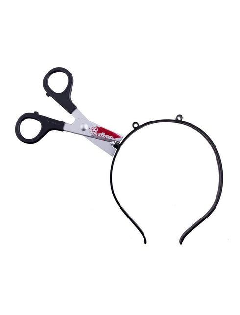 Diadeem schaar door hoofd met zwarte pvc haarband en zilveren schaar met bloedspatten