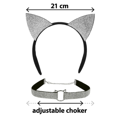 Diamond cat diadeem met strass kattenoren en verstelbare halsband met kattenring en kettinkje