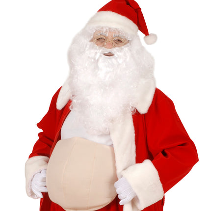 Dikke buik foam gedragen onder een rood kerstmanjasje met witte baard, voor Kerst