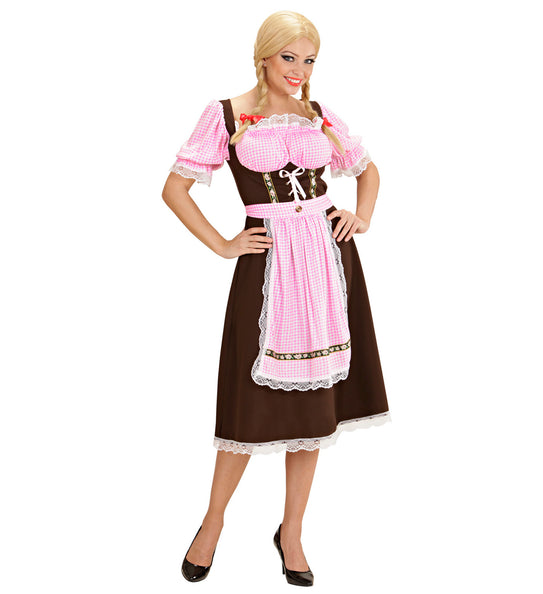 Dirndl Andrea met roze-witte geruite schort en witte rijgveter op het bruine lijfje