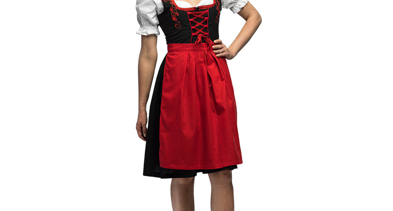 Dirndl Frau Fischer met zwarte jurk, rode geplooide schort en wit topje, voor Oktoberfest