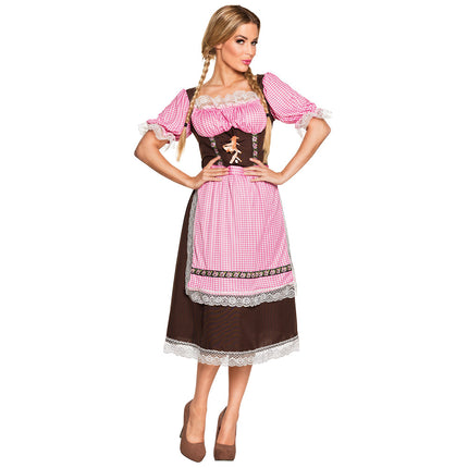 Dirndl Frau Schmidt vooraanzicht: bruin lijfje met siermotief, pofmouwen met kant en geruit schort