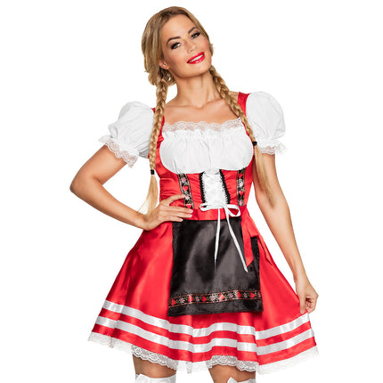 Dirndl Helena rood met wit lijfje, kanten pofmouwen en zwart satijnen schort voor Oktoberfest
