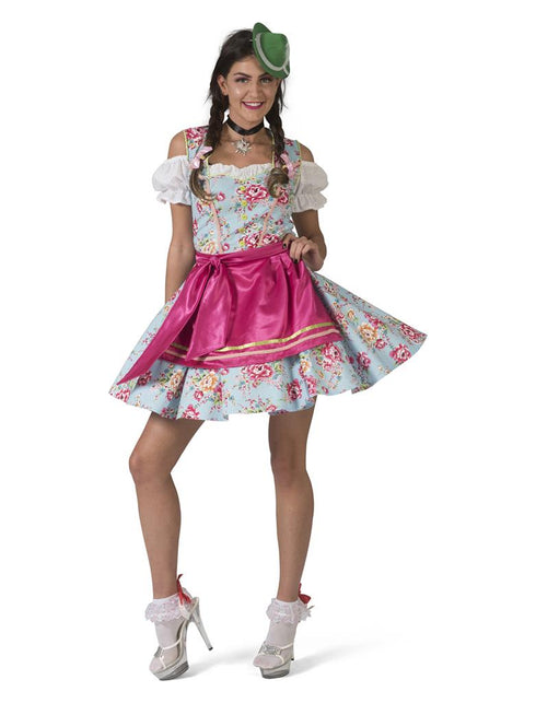 Dirndl jurk Hilda dames met lichtblauwe bloemenprint, witte pofmouwen en felroze schort voor het Oktoberfest