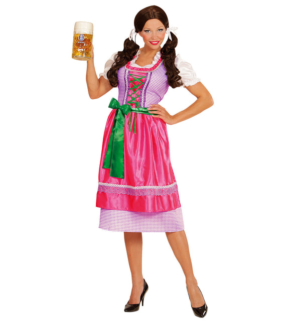 Dirndl jurk roze groen op dames met groene strikschort en bierpul tijdens Oktoberfest