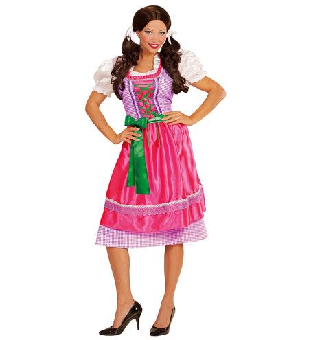 Dirndl jurk roze groen met paars-wit geruit lijfje, groene rijgveter en roze satijnen schort