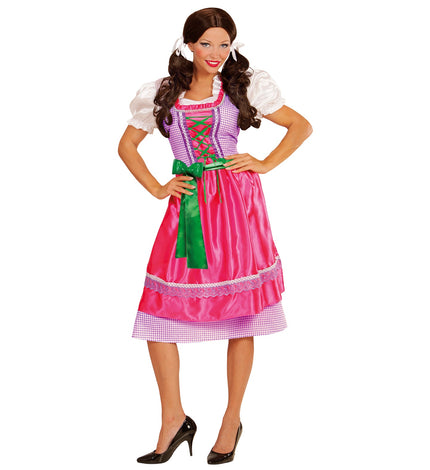 Dirndl jurk roze groen met paars-wit geruit lijfje, groene rijgveter en roze satijnen schort