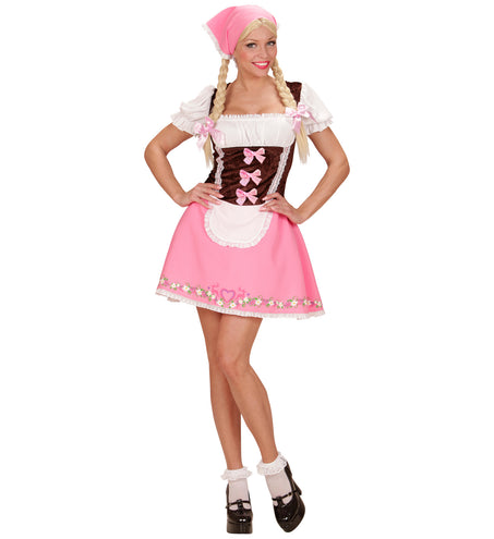 Dirndl jurkje roze dames met bruin fluwelen lijfje, wit schortje en roze hoofddoekje voor Oktoberfest