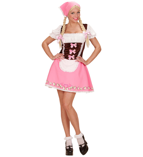 Dirndl jurkje roze dames met bruin fluwelen lijfje, wit schortje en roze hoofddoekje voor Oktoberfest