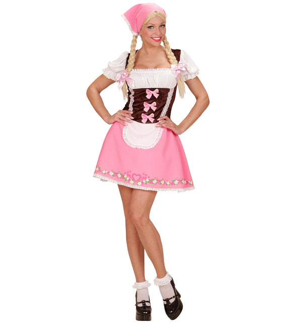 Dirndl jurkje roze dames met bruin fluwelen lijfje, wit schortje en roze hoofddoekje voor Oktoberfest