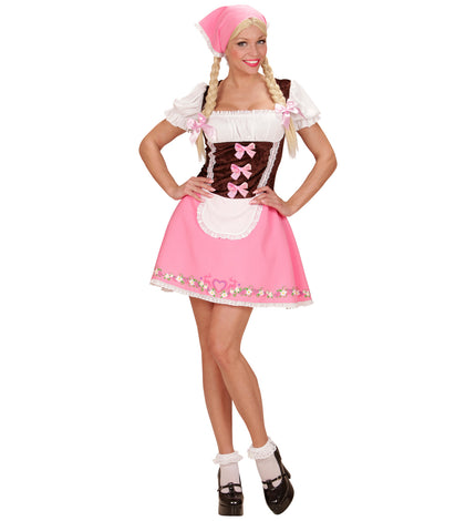 Dirndl jurkje roze dames met bruin fluwelen lijfje, wit schortje en roze hoofddoekje voor Oktoberfest