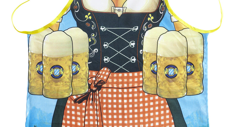 Dirndl schort Tiroolse met print van bierpullen en oranje-witte ruitrok voor Oktoberfest