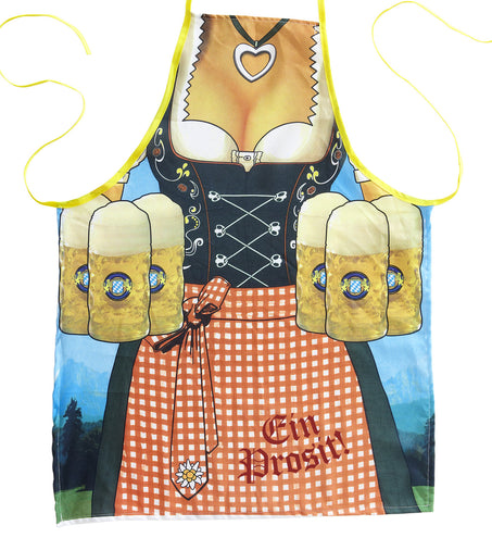 Dirndl schort Tiroolse met print van bierpullen en oranje-witte ruitrok voor Oktoberfest