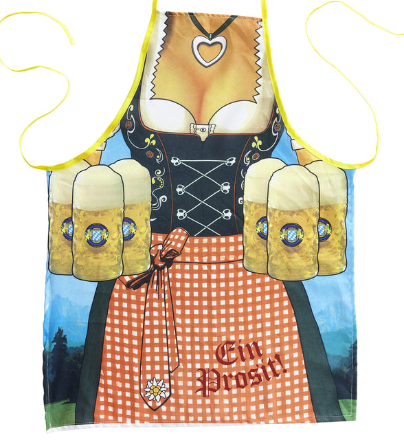 Dirndl schort Tiroolse met print van bierpullen en oranje-witte ruitrok voor Oktoberfest