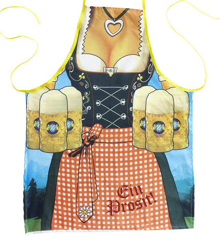 Dirndl schort Tiroolse met print van bierpullen en oranje-witte ruitrok voor Oktoberfest