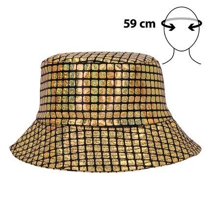 Disco bucket hat goud van voren, met zwart raster tussen glanzende vierkantjes en schuin aflopende rand
