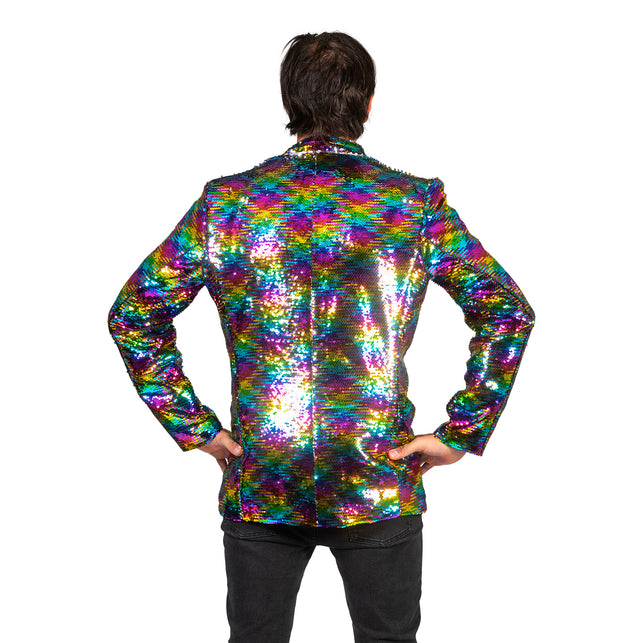 Disco jas Jack regenboog print achterkant met pailletten in golvende regenboogbanen tot aan de zoom