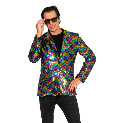 Disco jas Jack regenboog print vooraanzicht met reverskraag, twee knopen en klepzakken, voor heren tijdens carnaval