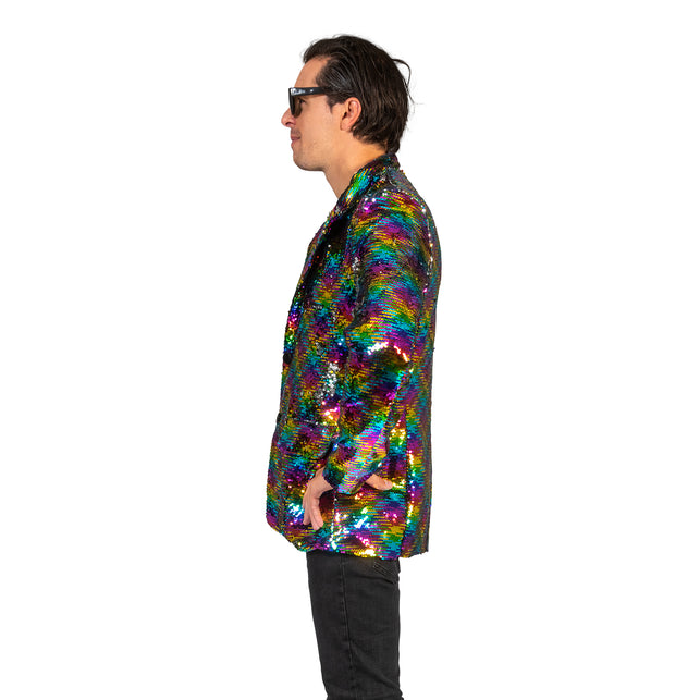 Disco jas Jack regenboog print zijaanzicht, pailletten over mouw en zijpand in paars, blauw en geel