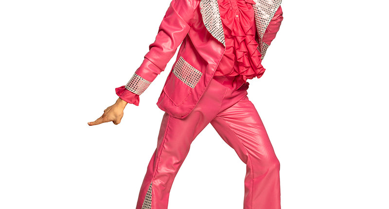 Disco king kostuum heren roze met glitterrevers, rucheshemd en uitlopende broek