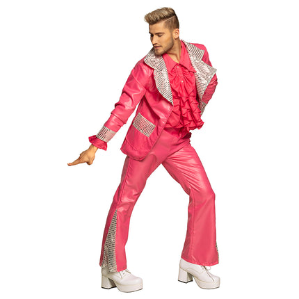 Disco king kostuum heren roze met glitterrevers, rucheshemd en uitlopende broek